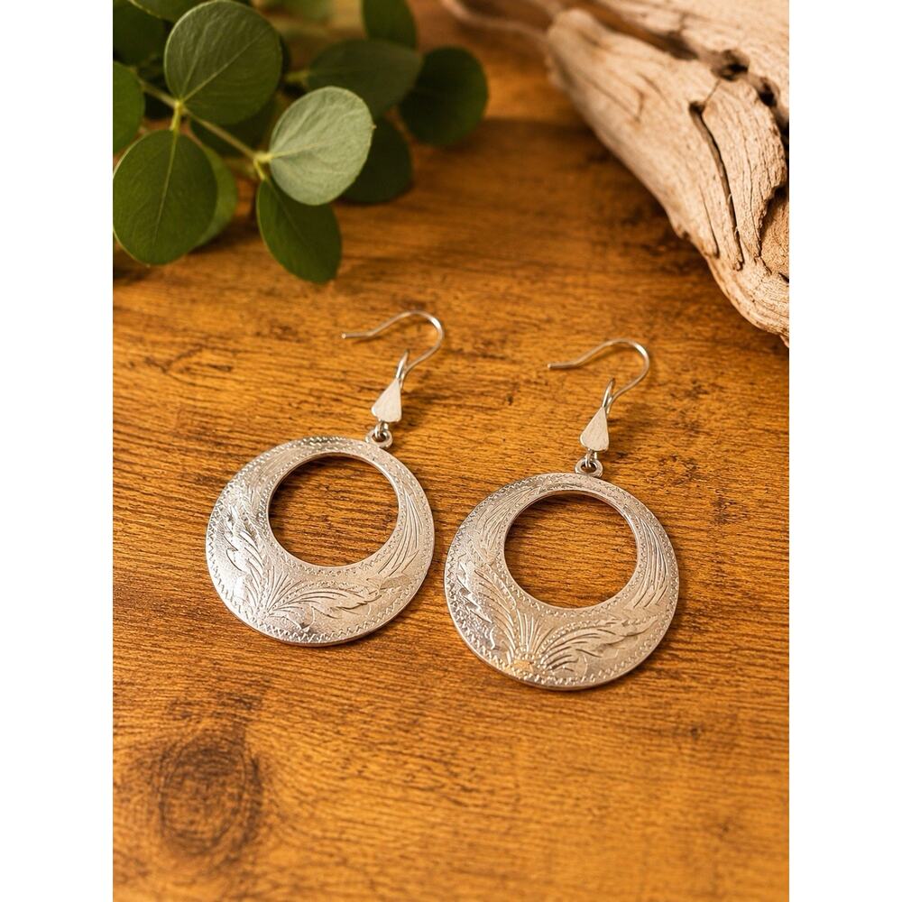 Vintage Mexico 925 Sterling Silver Engraved Hoop Dangle Earrings Large Statement